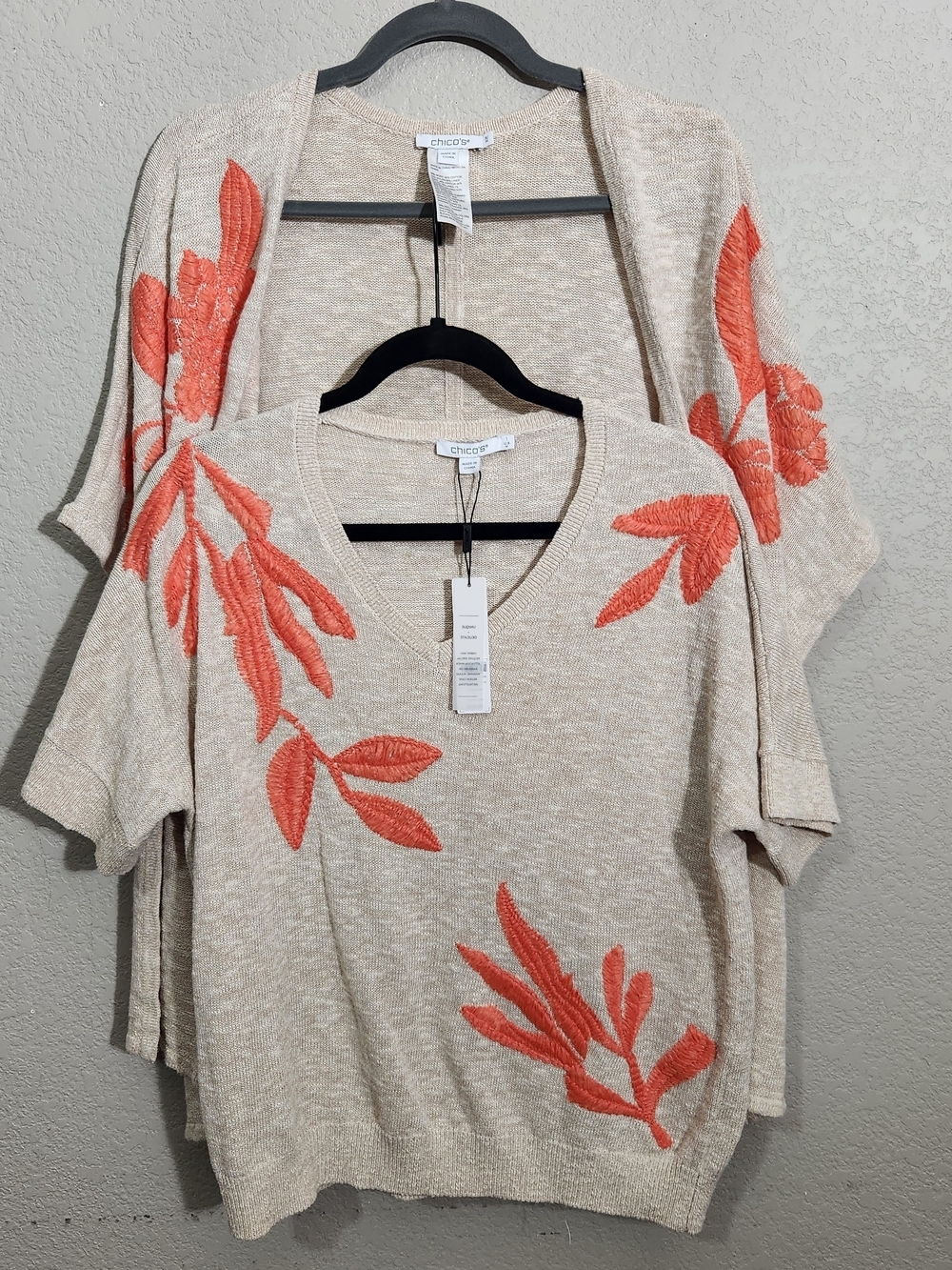 Chico's Cardigan Beige Sweater Top Coral Leaf Embroidery